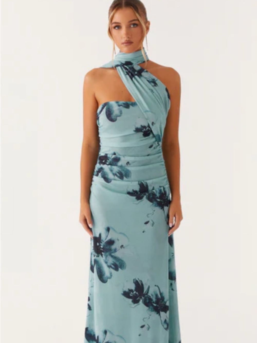 Peppermayo Aqua Blue Floral One-Shoulder Maxi Dress